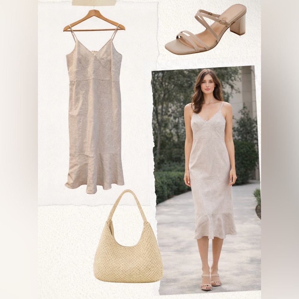 Banana Republic Striped Linen Blend Midi Dress Flounce Hem Blue/White NWT